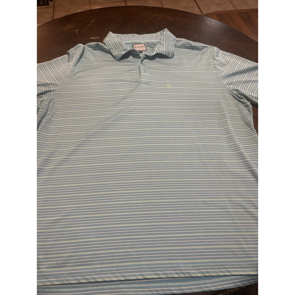 Heybo Outdoors Men's Polo Shirt Blue White Horizontal Stripe XL Dri Fit Golf